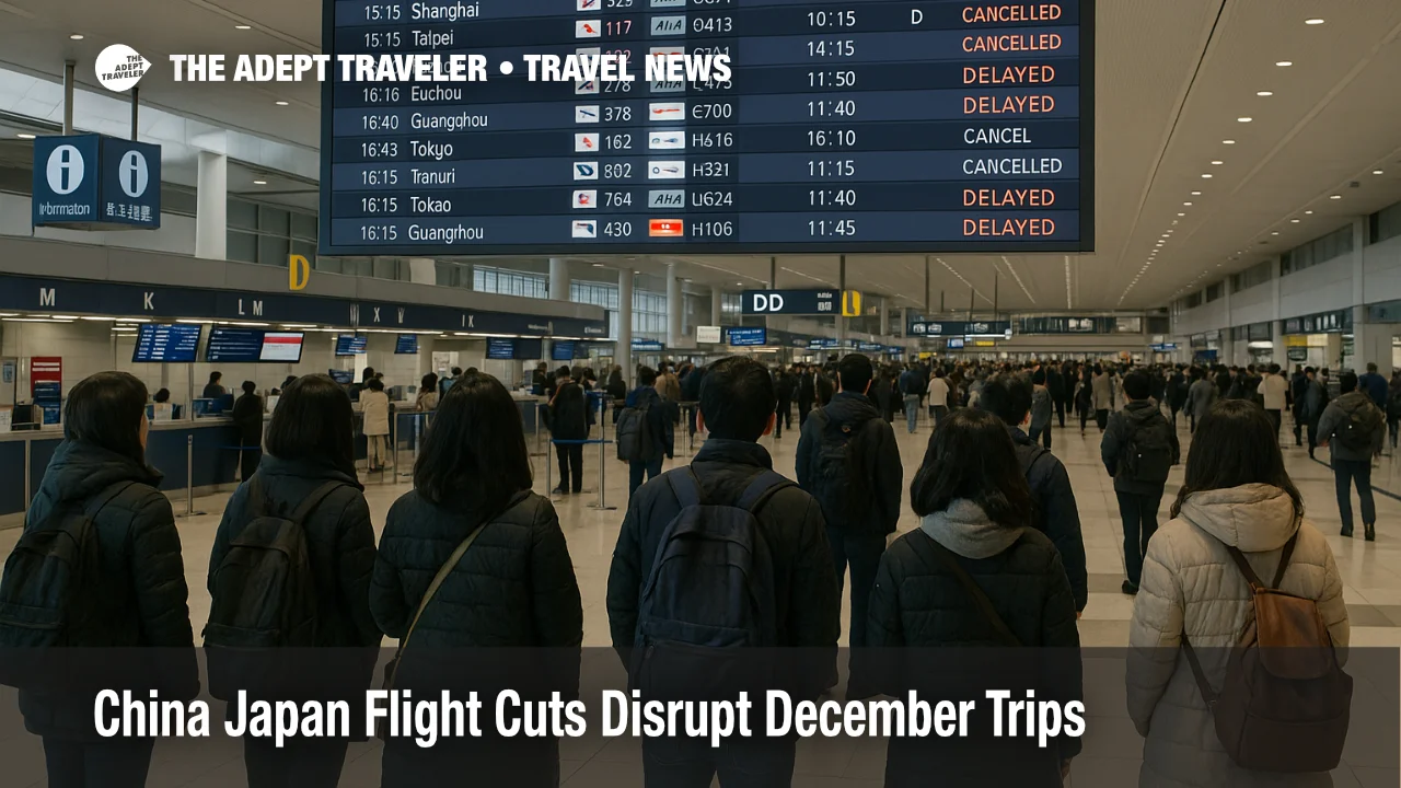 Travelers watch a departures board at Kansai as China Japan flight cuts leave more December services canceled and rerouted through other Asian hubs