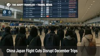 Travelers watch a departures board at Kansai as China Japan flight cuts leave more December services canceled and rerouted through other Asian hubs