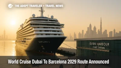 Explora I docked at Dubai Harbour as travelers board for the Explora world cruise 2029 departure from Dubai to Barcelona