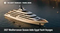 Four Seasons Yachts Mediterranean 2027 cruise yacht anchored off Santorini as guests tender ashore to explore Greek islands