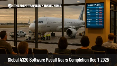 Airbus A320 at Tampa International Airport during global A320 software recall work as passengers wait inside the terminal.
