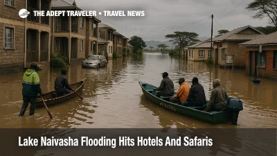 Boat navigates a flooded street in Kihoto as Lake Naivasha flooding tourism disrupts lakeside hotels, homes and access roads in Kenya