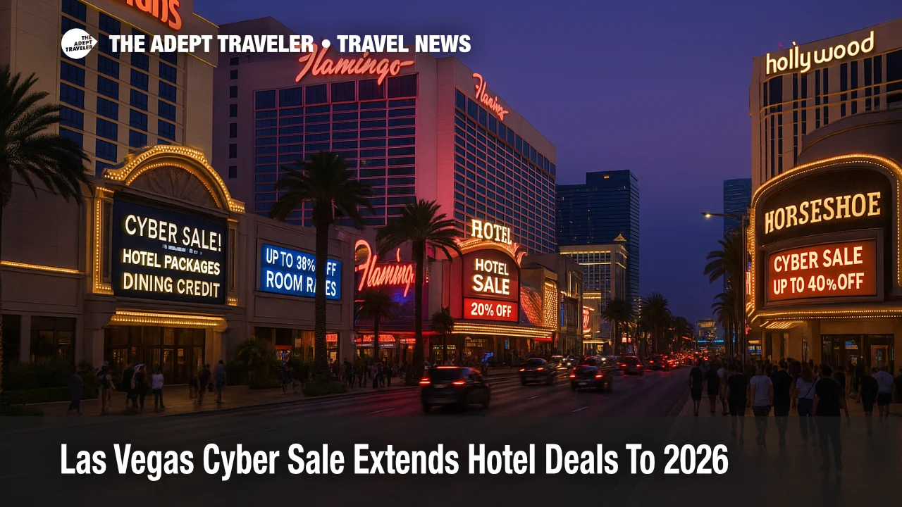 Las Vegas Strip at night where cyber sale hotel deals attract travelers outside major resorts during a short booking window.