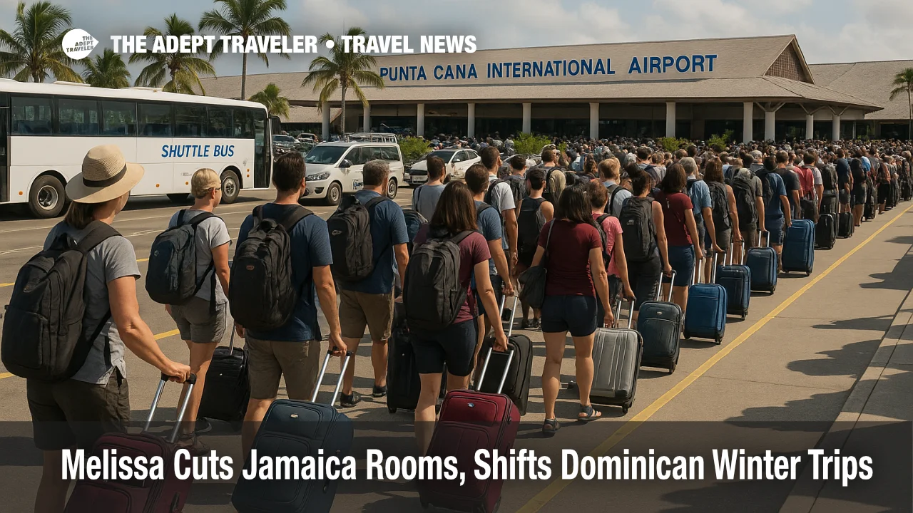 Travelers queue at Punta Cana airport as Hurricane Melissa reshapes Jamaica Dominican winter travel and crowds departures.