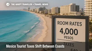 Cancun beach scene illustrating Cancun Puerto Vallarta tourist taxes, with hotels behind and a sign showing visitor fees.