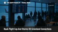 Passengers wait inside Nuuk Airport as storms and the Nuuk airport flight cap combine to delay departures across Greenland