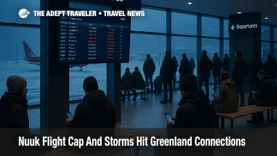 Passengers wait inside Nuuk Airport as storms and the Nuuk airport flight cap combine to delay departures across Greenland
