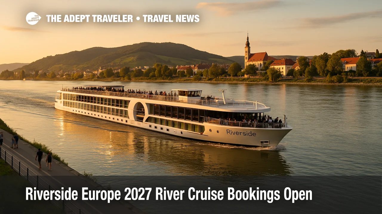 Riverside Europe 2027 river cruises ship gliding along the Danube near Vienna at sunset as passengers watch the riverbanks from the open top deck
