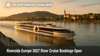Riverside Europe 2027 river cruises ship gliding along the Danube near Vienna at sunset as passengers watch the riverbanks from the open top deck