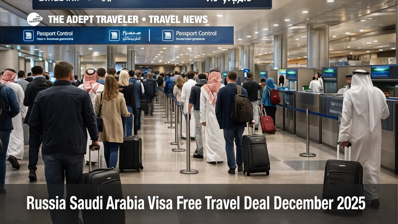 Travelers at Riyadh airport queue at immigration as Russia Saudi Arabia visa free travel eases entry for tourism.