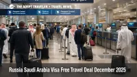 Travelers at Riyadh airport queue at immigration as Russia Saudi Arabia visa free travel eases entry for tourism.