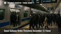 Commuters wait on a busy Seoul subway platform during a work to rule slowdown as the Seoul subway strike December 12 threat raises delay risks for travelers