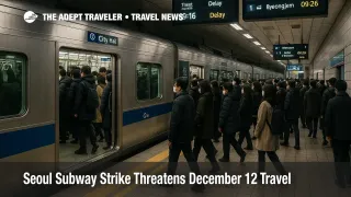 Commuters wait on a busy Seoul subway platform during a work to rule slowdown as the Seoul subway strike December 12 threat raises delay risks for travelers