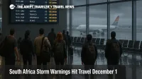 Travelers watch a departures board at O. R. Tambo as South Africa storm warnings travel disruption causes visible flight delays during a heavy thunderstorm