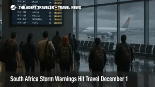 Travelers watch a departures board at O. R. Tambo as South Africa storm warnings travel disruption causes visible flight delays during a heavy thunderstorm
