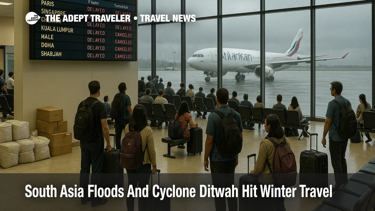 Passengers watch departure boards at Colombo airport as South Asia floods winter travel plans after Cyclone Ditwah