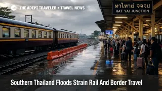 Travellers wait on a wet platform at Hat Yai Junction as Southern Thailand floods strain rail and border travel options in the deep south