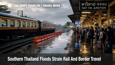 Travellers wait on a wet platform at Hat Yai Junction as Southern Thailand floods strain rail and border travel options in the deep south
