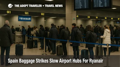 Travelers queue at Madrid Barajas check in as Spain baggage handler strikes slow Ryanair airport operations and delay checked luggage
