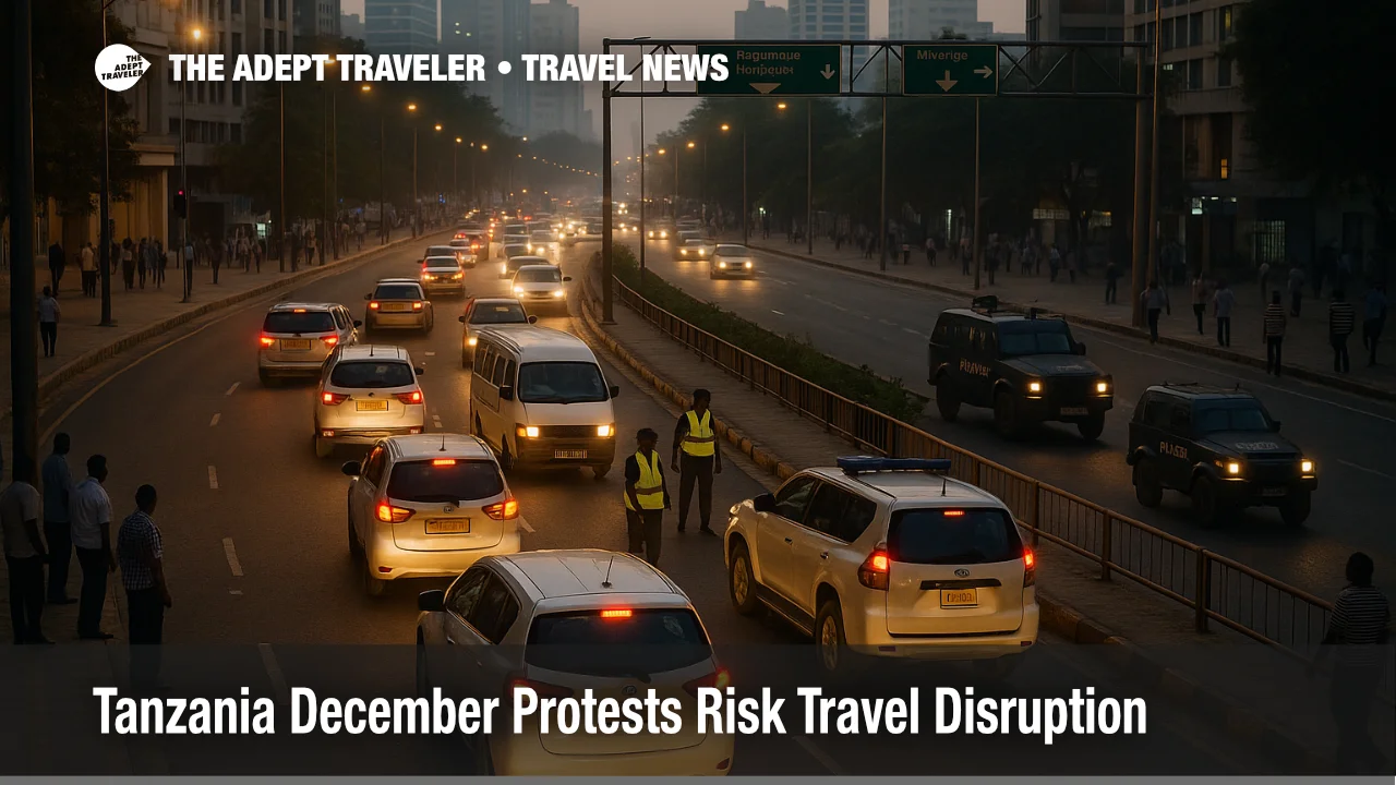 Cars queue at a police checkpoint in Dar es Salaam as a Tanzania December protests travel advisory warns of roadblocks and slower journeys for visitors