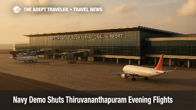 Quiet apron at Thiruvananthapuram airport closure November 27 December 3 during the Navy demo evening flight suspension, with idle jets at the terminal