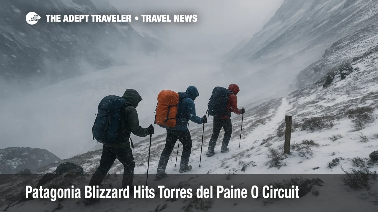 Trekkers battle a sudden Torres del Paine blizzard on the O Circuit trail as whiteout winds and snow make the high pass route hazardous