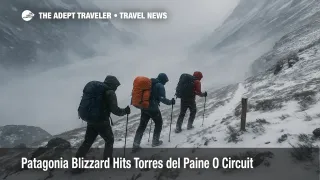 Trekkers battle a sudden Torres del Paine blizzard on the O Circuit trail as whiteout winds and snow make the high pass route hazardous
