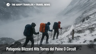 Trekkers battle a sudden Torres del Paine blizzard on the O Circuit trail as whiteout winds and snow make the high pass route hazardous