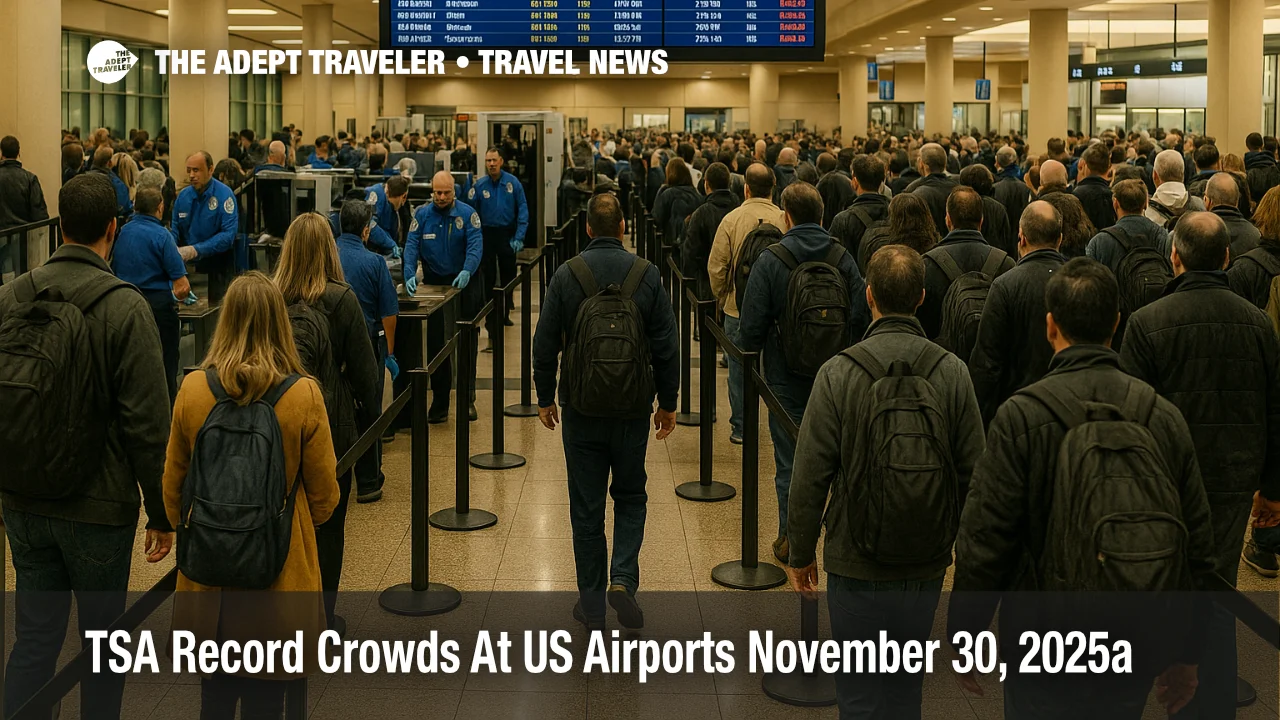 Travelers queue at TSA security in a busy US airport during TSA busiest day November 30 as lines stretch through the checkpoint area