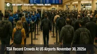 Travelers queue at TSA security in a busy US airport during TSA busiest day November 30 as lines stretch through the checkpoint area