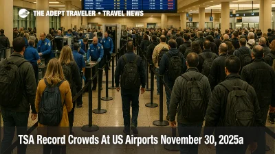 Travelers queue at TSA security in a busy US airport during TSA busiest day November 30 as lines stretch through the checkpoint area