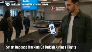 Traveler checks Turkish Airlines baggage tracking at Istanbul Airport as smart tags help locate a delayed suitcase.