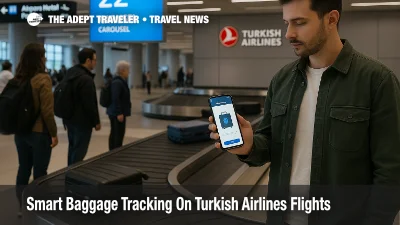 Traveler checks Turkish Airlines baggage tracking at Istanbul Airport as smart tags help locate a delayed suitcase.