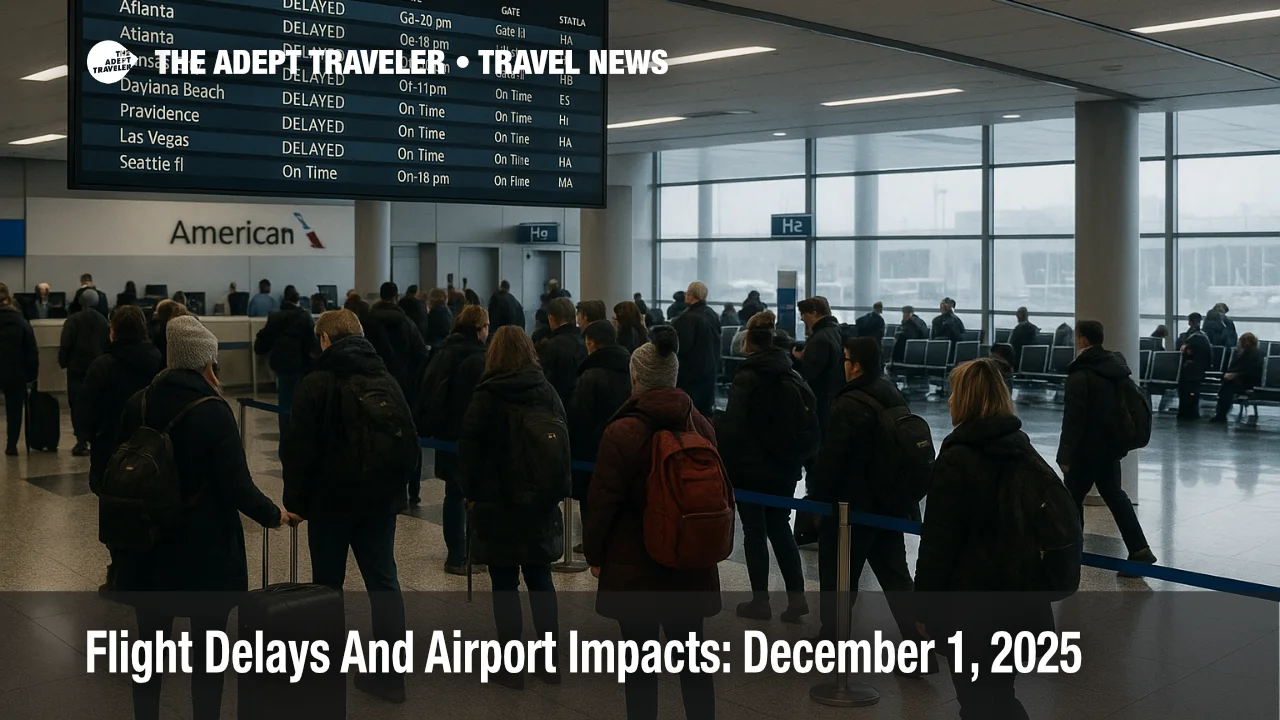 Travelers queue under a departures board at Chicago O Hare as US flight delays December 1 2025 continue after a winter storm and FAA ground delay plans