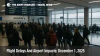 Travelers queue under a departures board at Chicago O Hare as US flight delays December 1 2025 continue after a winter storm and FAA ground delay plans
