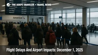 Travelers queue under a departures board at Chicago O Hare as US flight delays December 1 2025 continue after a winter storm and FAA ground delay plans