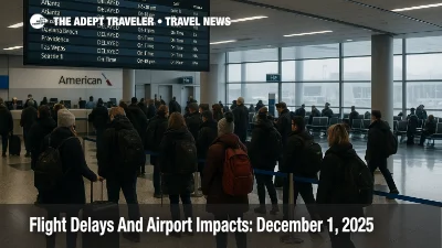 Travelers queue under a departures board at Chicago O Hare as US flight delays December 1 2025 continue after a winter storm and FAA ground delay plans