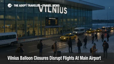 Travelers wait outside Vilnius airport terminal as balloon related airspace closures delay evening departures across Lithuania flights