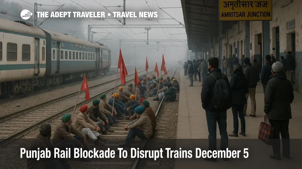 Farmers block tracks during Punjab rail blockade December 5 at Amritsar Junction as halted trains and waiting passengers show disrupted North India travel