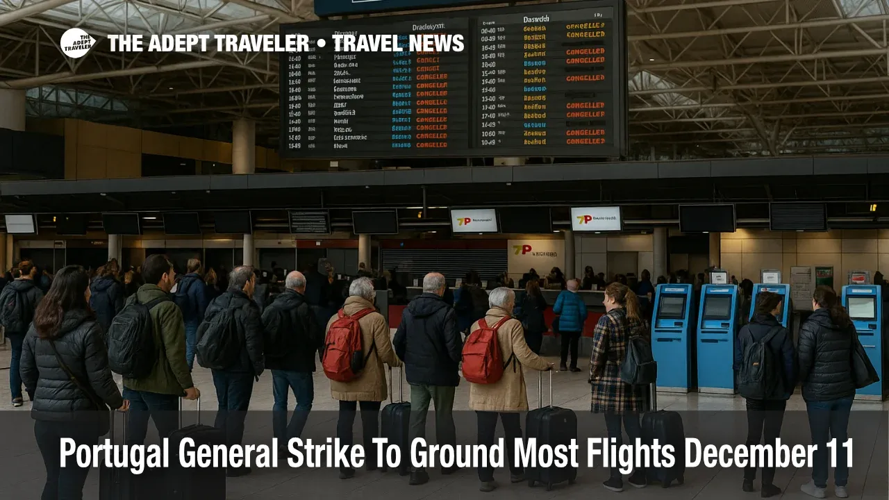Travelers wait under departure boards at Lisbon's Humberto Delgado Airport as the Portugal general strike grounds most flights on 11 December.