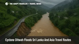 Flooded hill road near Kandy shows Cyclone Ditwah Sri Lanka travel disruption with central routes blocked by water and mud.