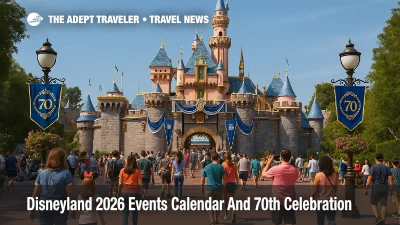 Guests walk through the hub toward Sleeping Beauty Castle as the Disneyland 2026 events calendar fills the park with 70th anniversary banners and festival decor.
