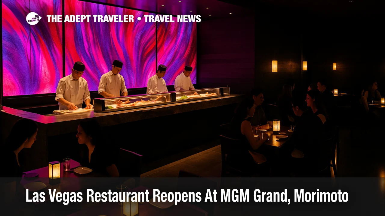 Diners sit at the glowing sushi bar at Morimoto Las Vegas new menu as chefs plate rolls under Tokyo inspired lighting.