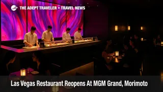 Diners sit at the glowing sushi bar at Morimoto Las Vegas new menu as chefs plate rolls under Tokyo inspired lighting.