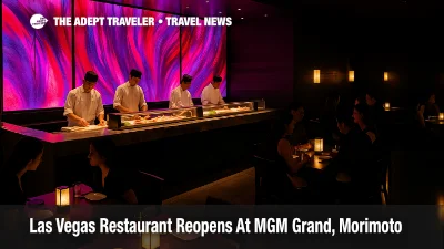 Diners sit at the glowing sushi bar at Morimoto Las Vegas new menu as chefs plate rolls under Tokyo inspired lighting.