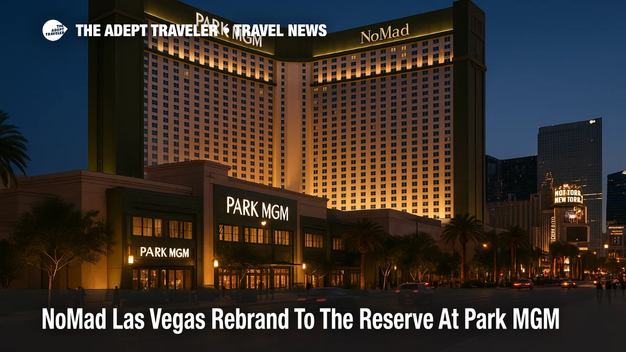 Evening street level view of Park MGM on the Las Vegas Strip as the NoMad Las Vegas rebrand to The Reserve at Park MGM gives travelers a new boutique hotel option