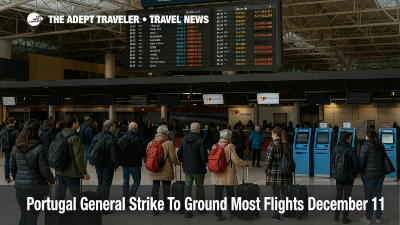 Travelers wait under departure boards at Lisbon's Humberto Delgado Airport as the Portugal general strike grounds most flights on 11 December.