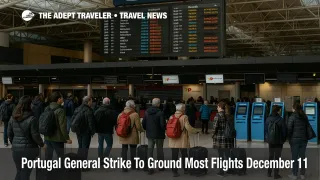 Travelers wait under departure boards at Lisbon's Humberto Delgado Airport as the Portugal general strike grounds most flights on 11 December.