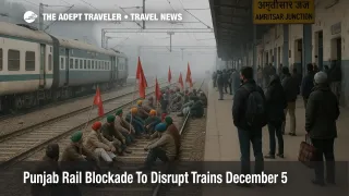 Farmers block tracks during Punjab rail blockade December 5 at Amritsar Junction as halted trains and waiting passengers show disrupted North India travel