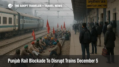 Farmers block tracks during Punjab rail blockade December 5 at Amritsar Junction as halted trains and waiting passengers show disrupted North India travel